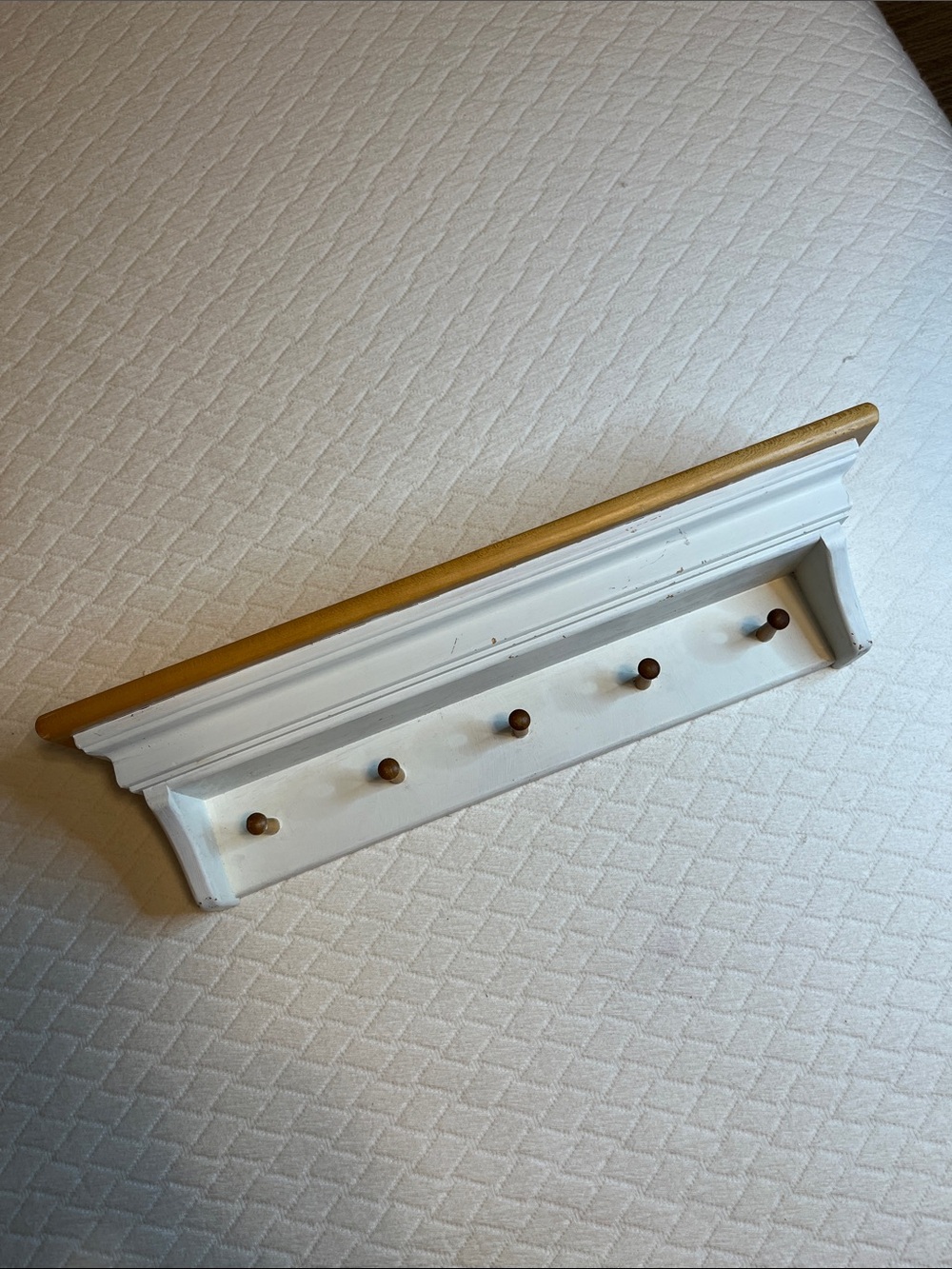 Solid Wood Wall Key Rack with Five Pegs, plate holder shelf on top 18” x 5” x 4”
